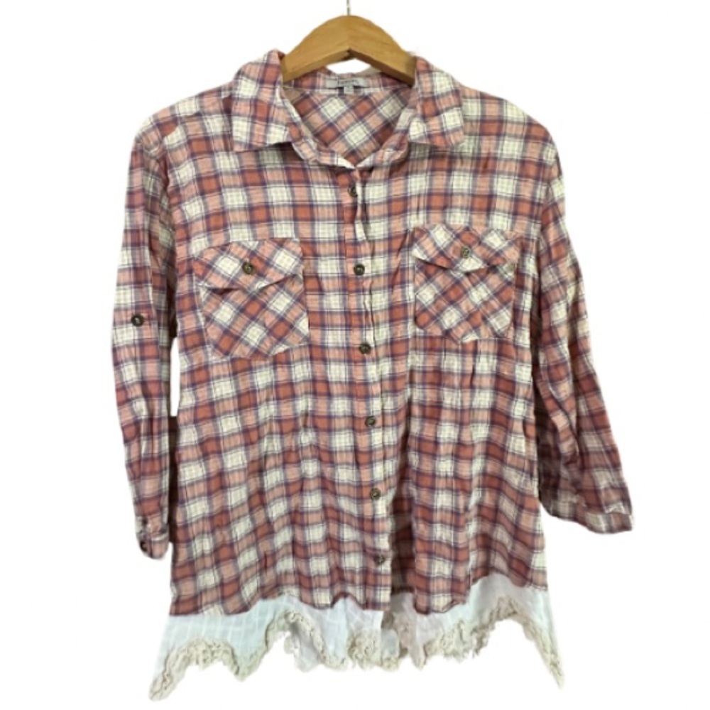 JODIFL Women’s Button Up Blush Ivory Plaid with Crochet Trim Size Small